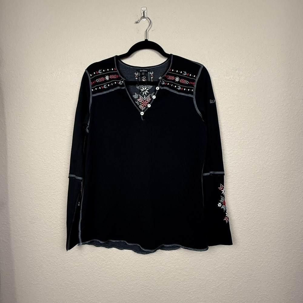 Alp N Rock Womens Long Sleeve Top Black Nordic Embroidered Henley Luxury Ski XL